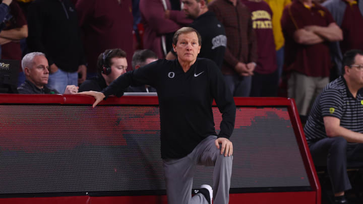 Feb 4, 2023; Tempe, Arizona, USA; Oregon Ducks head coach Dana Altman against the Arizona State Sun Devils at Desert Financial Arena. Mandatory Credit: Mark J. Rebilas-USA TODAY Sports