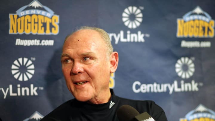 Apr 10, 2013; Denver, CO, USA; Denver Nuggets head coach George Karl speaks to the media before the game against the San Antonio Spurs  at the Pepsi Center.  Mandatory Credit: Chris Humphreys-USA TODAY Sports