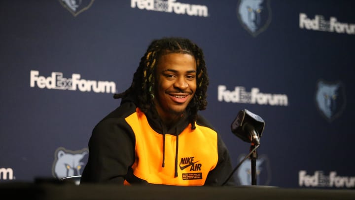 Dec 15, 2023; Memphis, TN, USA; Memphis Grizzlies guard Ja Morant answers questions from media about his time away from the team during his 25 game suspension during a press conference at FedExForum. Mandatory Credit: Petre Thomas-USA TODAY Sports