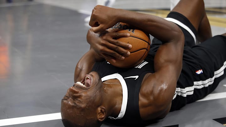 Nov 10, 2023; Memphis, Tennessee, USA; Memphis Grizzlies center Bismack Biyombo (18) reacts during the first half against the Utah Jazz at FedExForum. Mandatory Credit: Petre Thomas-Imagn Images