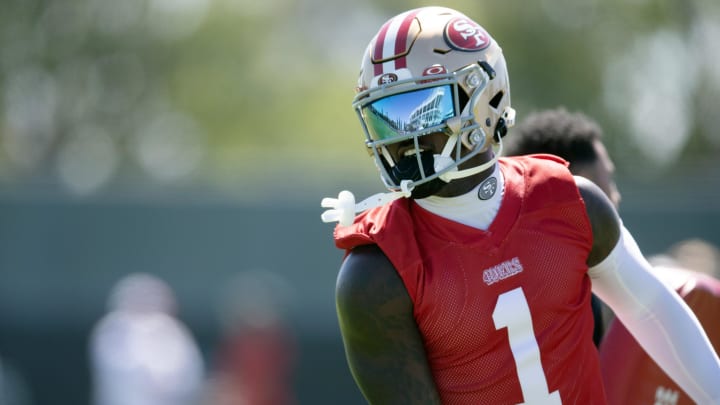 Jul 26, 2024; Santa Clara, CA, USA; San Francisco 49ers wide receiver Deebo Samuel (1) runs a pass route during Day 4 of training camp at SAP Performance Facility. Mandatory Credit: D. Ross Cameron-USA TODAY Sports