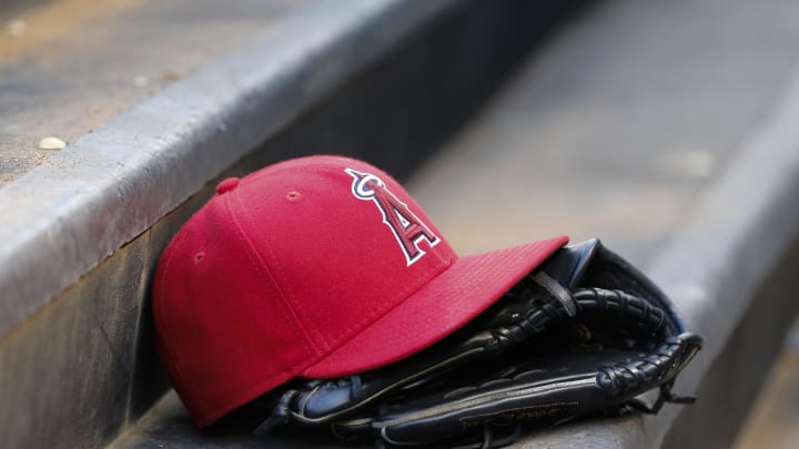 Jul 10, 2014; Arlington, TX, USA; Los Angeles Angels cap and glove before the game against the Texas Rangers at Globe Life Park in Arlington. Mandatory Credit: Kevin Jairaj-USA TODAY Sports