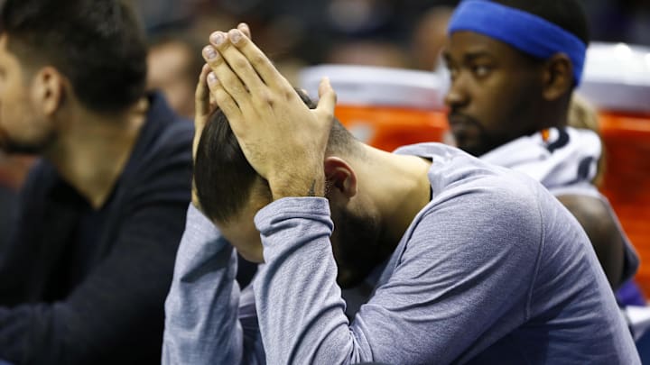 Orlando Magic guard Evan Fournier (10) on the bench in the second half against the Charlotte Hornets at Spectrum Center.