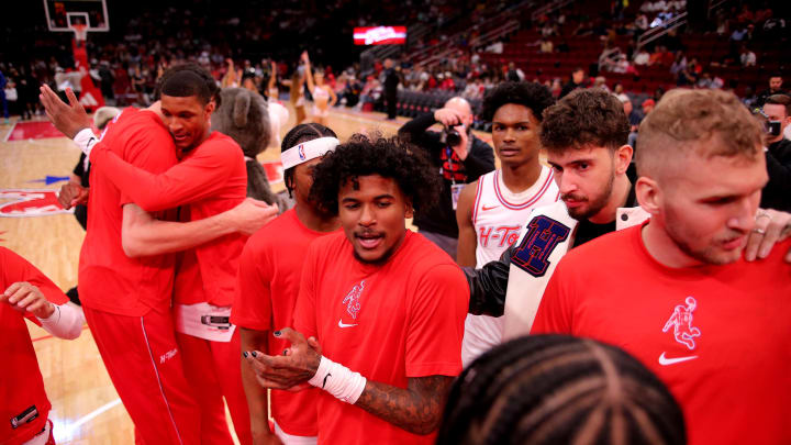 Apr 9, 2024; Houston, Texas, USA; Houston Rockets guard Jalen Green (4) stands in the pregame huddle prior to the game against the Orlando Magic at Toyota Center. Mandatory Credit: Erik Williams-USA TODAY Sports