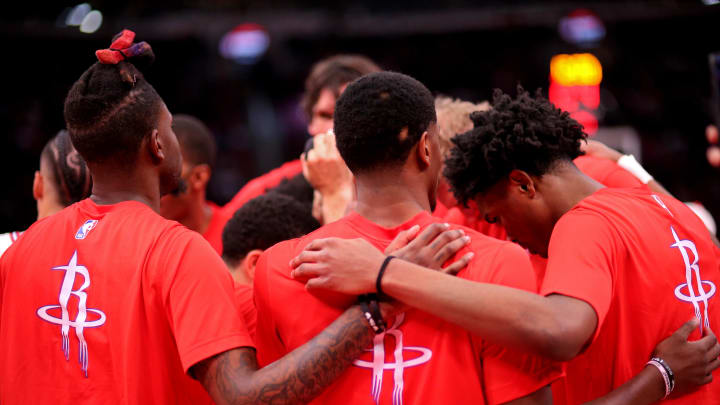 Mar 23, 2024; Houston, Texas, USA; Houston Rockets players huddle together prior to the game against the Utah Jazz at Toyota Center. Mandatory Credit: Erik Williams-USA TODAY Sports