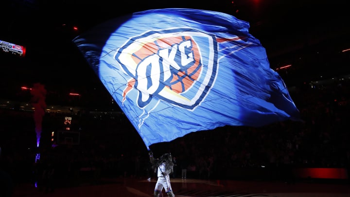 Jan 27, 2020; Oklahoma City, Oklahoma, USA; Oklahoma City Thunder Mascot Rumble The Bison waves an OKC Thunder flag before the start of a game against the Dallas Mavericks at Chesapeake Energy Arena. Mandatory Credit: Alonzo Adams-USA TODAY Sports