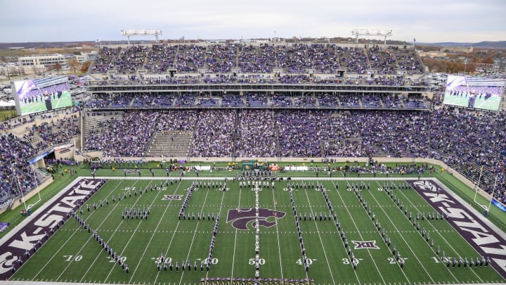 Nov 11, 2023; Manhattan, Kansas, USA; The Kansas State Wildcats Pride of Wildcat Land Matching Band spells out K-State before the start of a game against the Baylor Bears at Bill Snyder Family Football Stadium. Mandatory Credit: Scott Sewell-USA TODAY Sports