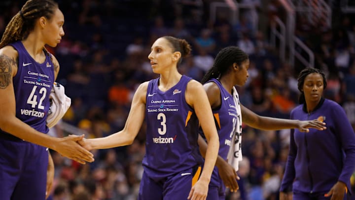 Mercury's Brittany Griner (42) high-fives Diana Taurasi (3) as they head to the locker room at Talking Stick Resort Arena in Phoenix, Ariz. on Aug. 19, 2018.
865709002 Mercury's Brittany Griner (42) high-fives Diana Taurasi (3) as they head to the locker room at Talking Stick Resort Arena in Phoenix, Ariz. on Aug. 19, 2018.
865709002