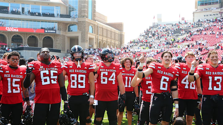 Sep 6, 2025; Lubbock, Texas, USA; The Texas Tech Red Raiders sing the school song after a game against the Kent State Golden Flashes at Jones AT&T Stadium. Mandatory Credit: Michael C. Johnson-Imagn Images Sep 6, 2025; Lubbock, Texas, USA; The Texas Tech Red Raiders sing the school song after a game against the Kent State Golden Flashes at Jones AT&T Stadium. Mandatory Credit: Michael C. Johnson-Imagn Images