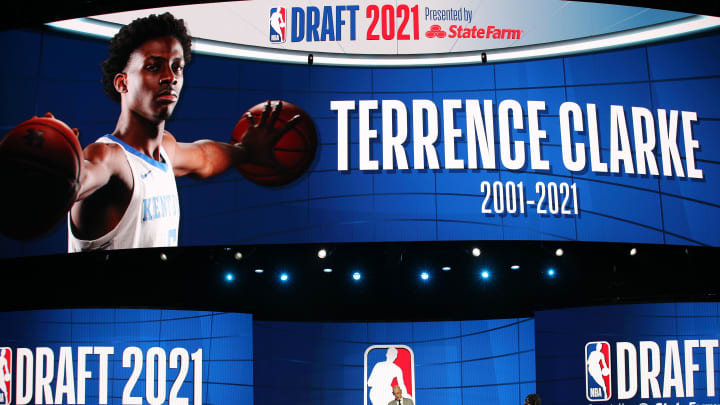 Jul 29, 2021; Brooklyn, New York, USA; NBA commissioner Adam Silver honors deceased Kentucky player Terrence Clarke during the first round of the 2021 NBA Draft at Barclays Center.