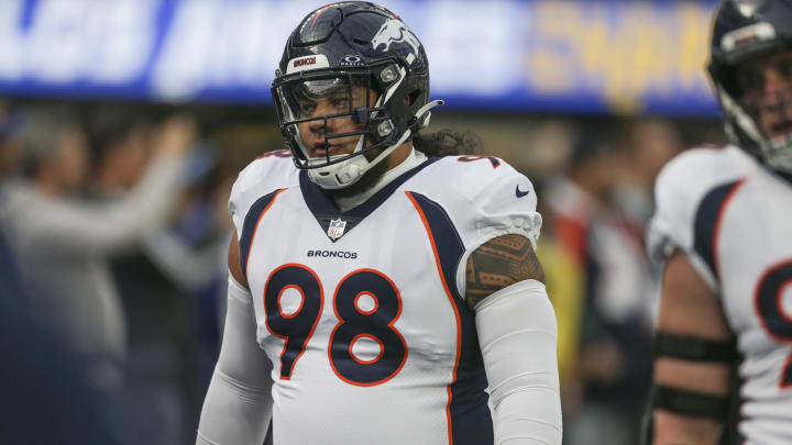 Dec 10, 2023; Inglewood, California, USA; Denver Broncos defensive linesmen Mike Purcell (98) during pregame in a game against the Los Angeles Rams at SoFi Stadium. Mandatory Credit: Yannick Peterhans-USA TODAY Sports