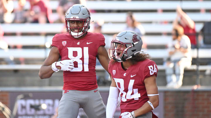 Sep 16, 2023; Pullman, Washington, USA; Washington State Cougars wide receiver Josh Meredith (84) celebrate scoring a touchdown with Washington State Cougars wide receiver Tsion Nunnally (81) during a game against the Northern Colorado Bearsin the second half at Gesa Field at Martin Stadium. Washington State won 64-21. Mandatory Credit: James Snook-USA TODAY Sports