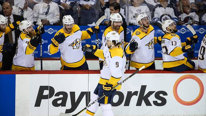 May 7, 2018; Winnipeg, Manitoba, CAN; Nashville Predators left wing Filip Forsberg (9) celebrates after scoring a goal against the Winnipeg Jets in the third period in game six of the second round of the 2018 Stanley Cup Playoffs at Bell MTS Centre. Mandatory Credit: Terrence Lee-USA TODAY Sports May 7, 2018; Winnipeg, Manitoba, CAN; Nashville Predators left wing Filip Forsberg (9) celebrates after scoring a goal against the Winnipeg Jets in the third period in game six of the second round of the 2018 Stanley Cup Playoffs at Bell MTS Centre. Mandatory Credit: Terrence Lee-USA TODAY Sports