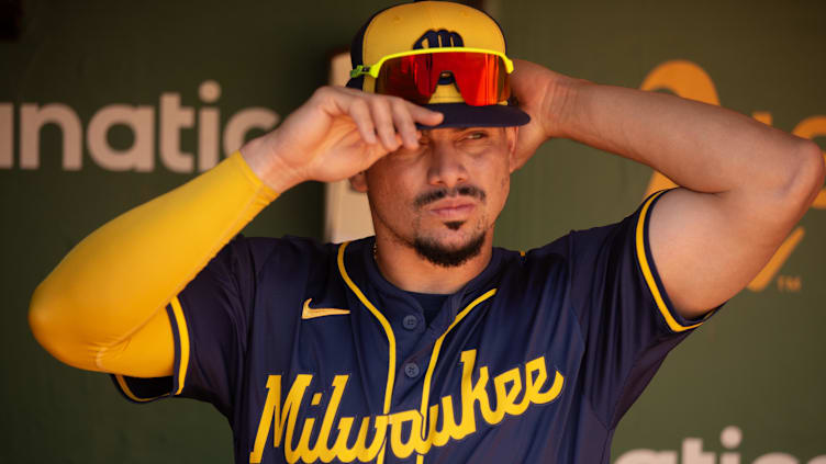 Aug 25, 2024; Oakland, California, USA; Milwaukee Brewers shortstop Willy Adames (27) readies himself to take on the Oakland Athletics during the first inning at Oakland-Alameda County Coliseum. Mandatory Credit: D. Ross Cameron-USA TODAY Sports