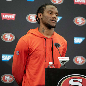 Jul 26, 2024; Santa Clara, CA, USA; San Francisco 49ers cornerback Charvarius Ward talks to the press during Day 4 of training camp at SAP Performance Facility. Mandatory Credit: D. Ross Cameron-Imagn Images