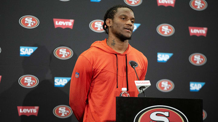 Jul 26, 2024; Santa Clara, CA, USA; San Francisco 49ers cornerback Charvarius Ward talks to the press during Day 4 of training camp at SAP Performance Facility. Mandatory Credit: D. Ross Cameron-Imagn Images