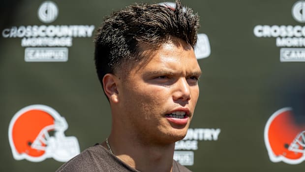 Cleveland Browns quarterback Dillon Gabriel (5) talks to the media during rookie minicamp at CrossCountry Mortgage Campus.