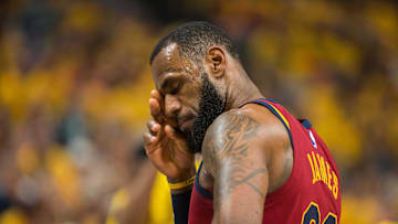 Apr 27, 2018; Indianapolis, IN, USA; Cleveland Cavaliers forward LeBron James (23) reacts to a call in the first half of game six against the Indiana Pacers in the first round of the 2018 NBA Playoffs at Bankers Life Fieldhouse. Mandatory Credit: Trevor Ruszkowski-USA TODAY Sports