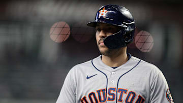 Oct 31, 2021; Atlanta, Georgia, USA; Houston Astros shortstop Carlos Correa (1) during the third inning of game five of the 2021 World Series against the Atlanta Braves at Truist Park. Mandatory Credit: Brett Davis-Imagn Images