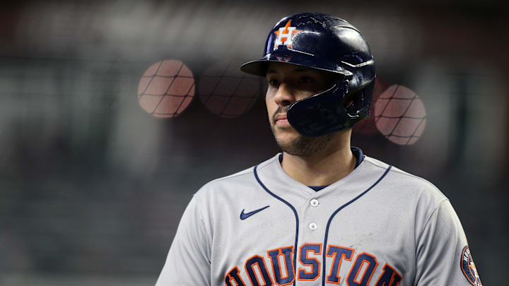 Oct 31, 2021; Atlanta, Georgia, USA; Houston Astros shortstop Carlos Correa (1) during the third inning of game five of the 2021 World Series against the Atlanta Braves at Truist Park. Mandatory Credit: Brett Davis-Imagn Images