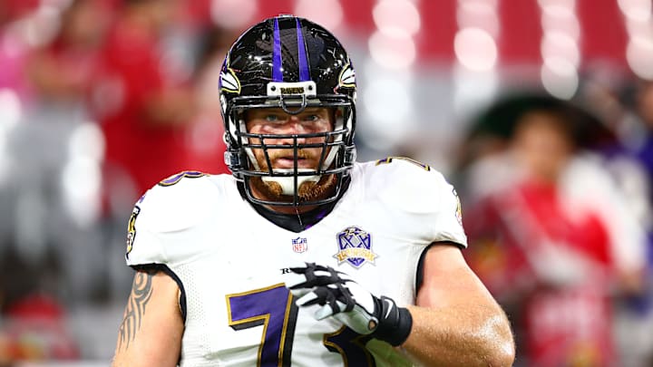 Oct 26, 2015; Glendale, AZ, USA; Baltimore Ravens guard Marshal Yanda against the Arizona Cardinals at University of Phoenix Stadium. The Cardinals defeated the Ravens 26-18. Mandatory Credit: Mark J. Rebilas-Imagn Images