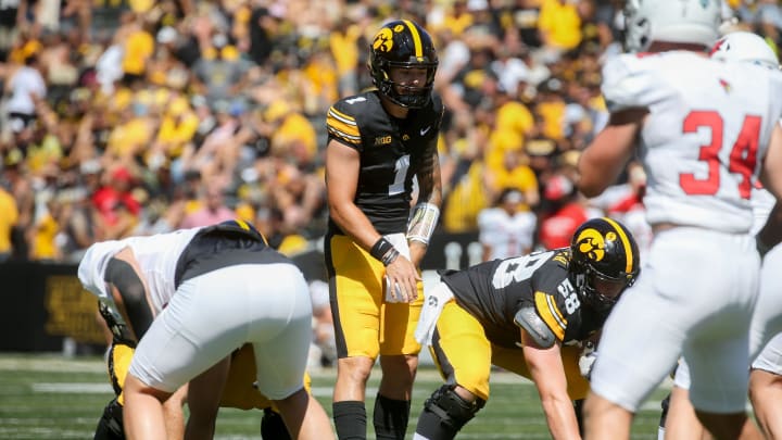 Iowa’s Brendan Sullivan (1) lines up at quarterback against Illinois State Saturday, Aug. 31, 2024 at Kinnick Stadium in Iowa City, Iowa.