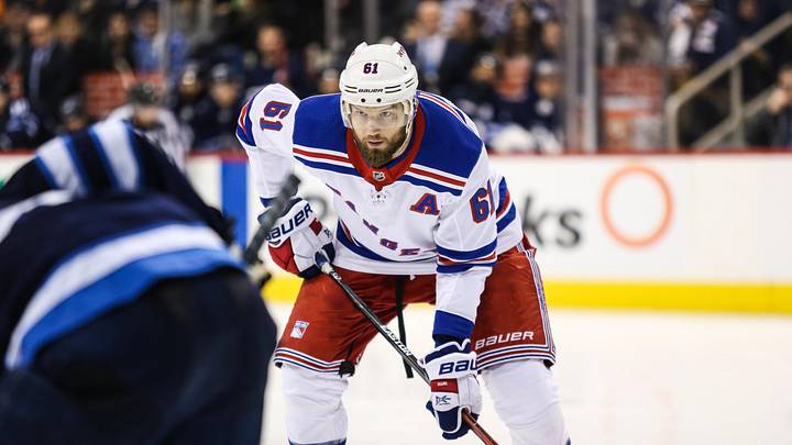 Feb 11, 2018; Winnipeg, Manitoba, CAN; New York Rangers forward Rick Nash (61) awaits the face-off against the Winnipeg Jets during the third period at Bell MTS Place. Mandatory Credit: Terrence Lee-Imagn Images