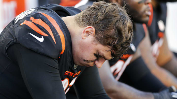 Cincinnati Bengals defensive end Trey Hendrickson (91) hangs his head on the sideline in the fourth quarter of the NFL Week 9 game between the Cincinnati Bengals and the Cleveland Browns at Paul Brown Stadium in Cincinnati on Sunday, Nov. 7, 2021. Cleveland kept a halftime lead to clinch a 41-16 win over the Bengals. Cincinnati Bengals defensive end Trey Hendrickson (91) hangs his head on the sideline in the fourth quarter of the NFL Week 9 game between the Cincinnati Bengals and the Cleveland Browns at Paul Brown Stadium in Cincinnati on Sunday, Nov. 7, 2021. Cleveland kept a halftime lead to clinch a 41-16 win over the Bengals.