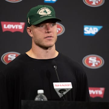 Jul 25, 2024; Santa Clara, CA, USA; San Francisco 49ers running back Christian McCaffrey answers questions at a press conference following Day 3 of training camp at SAP Performance Facility. Mandatory Credit: D. Ross Cameron-Imagn Images