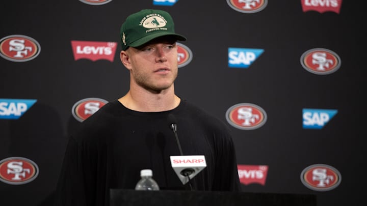 Jul 25, 2024; Santa Clara, CA, USA; San Francisco 49ers running back Christian McCaffrey answers questions at a press conference following Day 3 of training camp at SAP Performance Facility. Mandatory Credit: D. Ross Cameron-Imagn Images