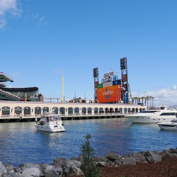 Apr 5, 2024; San Francisco, California, USA; A general view from McCovey Cove before the game between the San Francisco Giants and the San Diego Padres at Oracle Park. Mandatory Credit: Kelley L Cox-USA TODAY Sports