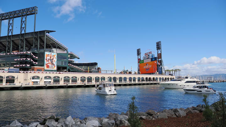 Apr 5, 2024; San Francisco, California, USA; A general view from McCovey Cove before the game between the San Francisco Giants and the San Diego Padres at Oracle Park. Mandatory Credit: Kelley L Cox-USA TODAY Sports