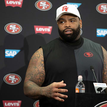 Jul 24, 2025; Santa Clara, CA, USA; San Francisco 49ers offensive tackle Trent Williams answers questions from reporters following the second day of training camp. Mandatory Credit: D. Ross Cameron-Imagn Images