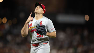 Sep 27, 2024; San Francisco, California, USA; St. Louis Cardinals pitcher Ryan Helsley (56) reacts to getting the final out against the San Francisco Giants during the ninth inning at Oracle Park.