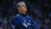 Feb 8, 2025; Manhattan, Kansas, USA; Kansas Jayhawks head coach Bill Self watches his team during the second half against the Kansas State Wildcats at Bramlage Coliseum. 