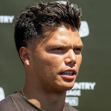 May 10, 2025; Berea, OH, USA; Cleveland Browns quarterback Dillon Gabriel (5) talks to the media during rookie minicamp at CrossCountry Mortgage Campus. Mandatory Credit: Ken Blaze-Imagn Images