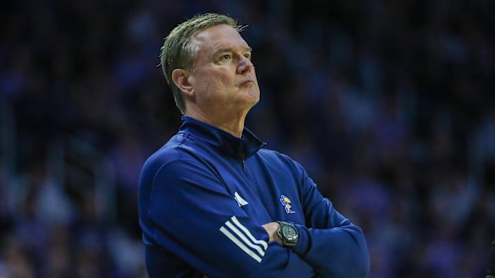 Feb 8, 2025; Manhattan, Kansas, USA; Kansas Jayhawks head coach Bill Self watches his team during the second half against the Kansas State Wildcats at Bramlage Coliseum. 