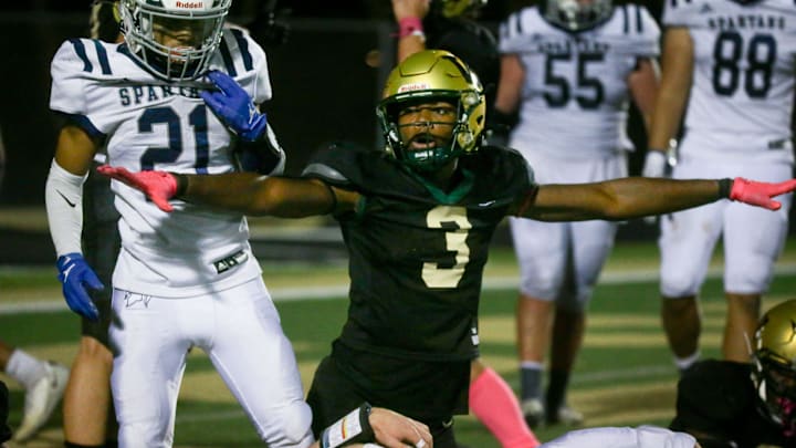Iowa City West’s Julian Manson (3) celebrates after West’s defense stops Pleasant Valley on a third and goal Friday, Oct. 18, 2024 in Iowa City, Iowa.