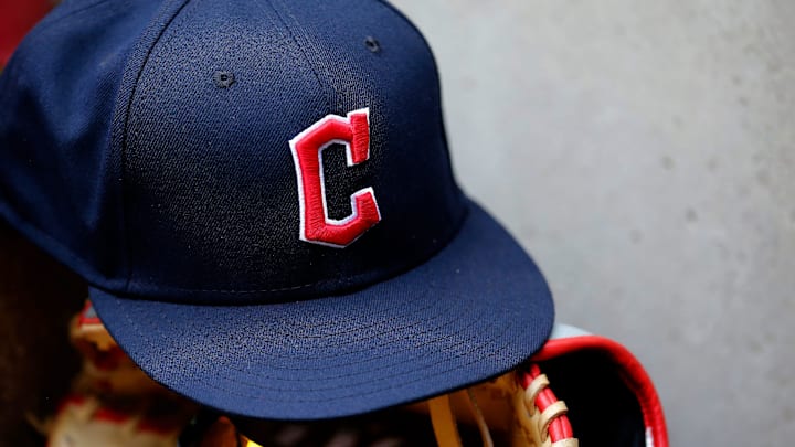 A ball cap sports the new Cleveland Guardians logo in the third inning of the MLB Inter-league game between the Cincinnati Reds and the Cleveland Guardians at Great American Ball Park in downtown Cincinnati on Tuesday, April 12, 2022. 