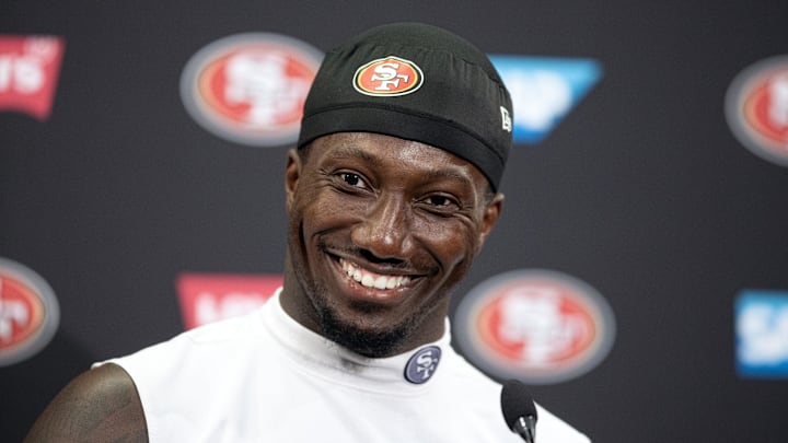 Jul 26, 2024; Santa Clara, CA, USA; San Francisco 49ers wide receiver Deebo Samuel talks to the press during Day 4 of training camp at SAP Performance Facility. Mandatory Credit: D. Ross Cameron-Imagn Images