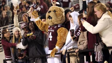 Nov 1, 2014; Starkville, MS, USA; Mississippi State Bulldogs mascot cheer with the fans during the