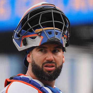 Apr 24, 2024; San Francisco, California, USA; New York Mets catcher Tomas Nido (3) between plays against the San Francisco Giants during the eighth inning at Oracle Park