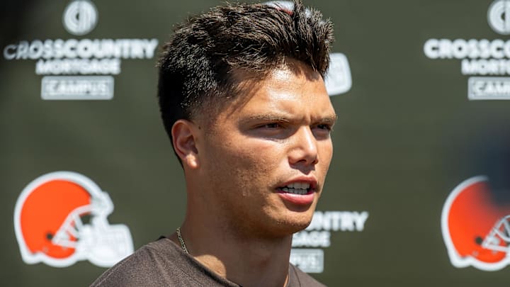 May 10, 2025; Berea, OH, USA; Cleveland Browns quarterback Dillon Gabriel (5) talks to the media during rookie minicamp at CrossCountry Mortgage Campus. Mandatory Credit: Ken Blaze-Imagn Images