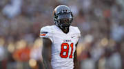 Sept 24, 2010; Houston, TX, USA; Oklahoma State Cowboys wide receiver Justin Blackmon (81) against the Texas A&M Aggies in the fourth quarter at Kyle Field. Oklahoma State defeated Texas A&M 30-29. Mandatory Credit: Brett Davis-Imagn Images