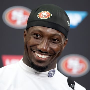 Jul 26, 2024; Santa Clara, CA, USA; San Francisco 49ers wide receiver Deebo Samuel talks to the press during Day 4 of training camp at SAP Performance Facility. Mandatory Credit: D. Ross Cameron-USA TODAY Sports