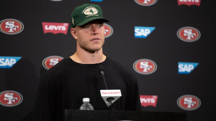 Jul 25, 2024; Santa Clara, CA, USA; San Francisco 49ers running back Christian McCaffrey answers questions at a press conference following Day 3 of training camp at SAP Performance Facility. Mandatory Credit: D. Ross Cameron-USA TODAY Sports