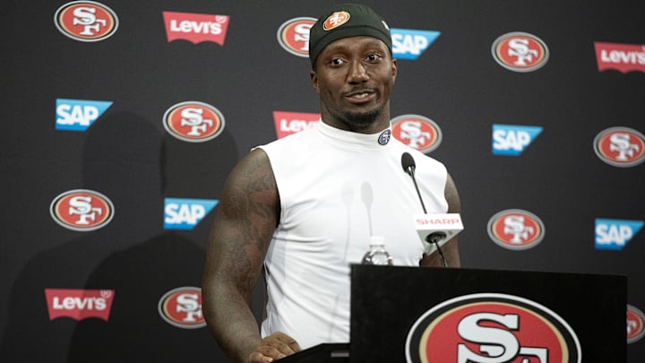 Deebo Samuel talks to the press during Day 4 of training camp at SAP Performance Facility.