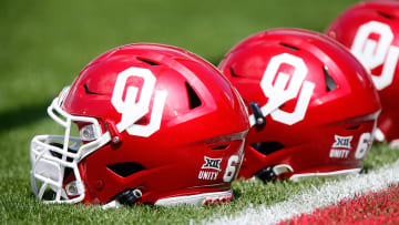 Sooner helmets on the ground during the Oklahoma Spring Game.