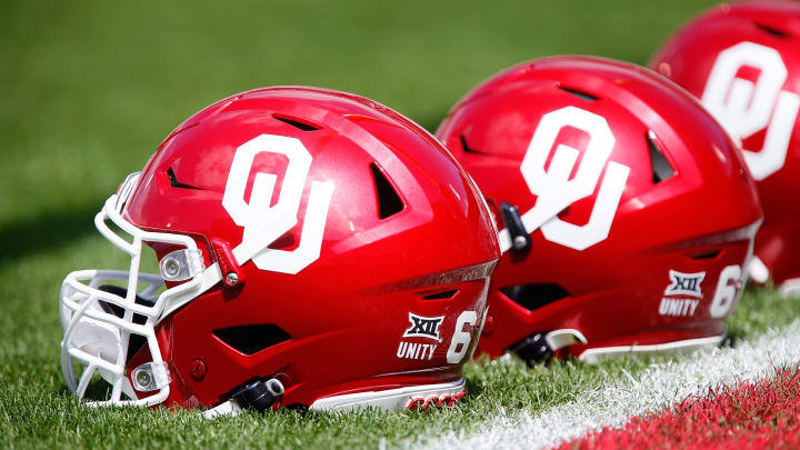 Sooner helmets on the ground during the Oklahoma Spring Game.