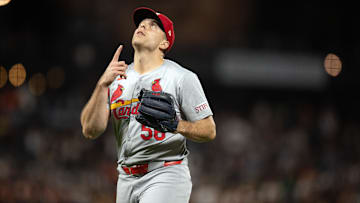Sep 27, 2024; San Francisco, California, USA; St. Louis Cardinals pitcher Ryan Helsley (56) reacts to getting the final out against the San Francisco Giants during the ninth inning at Oracle Park.